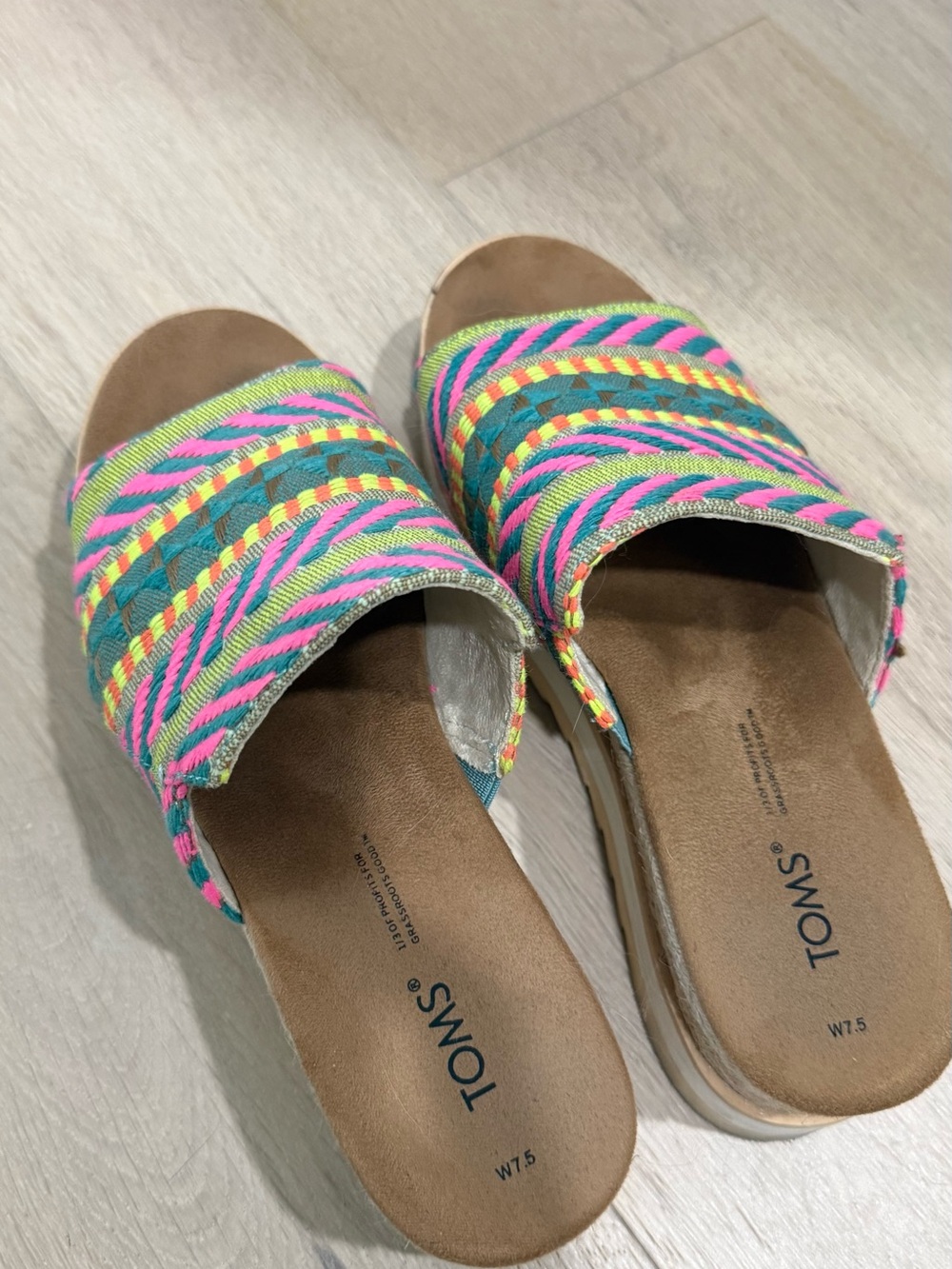 TOMS Slide Sandals with Neon Pink, Teal & Tan Woven Upper